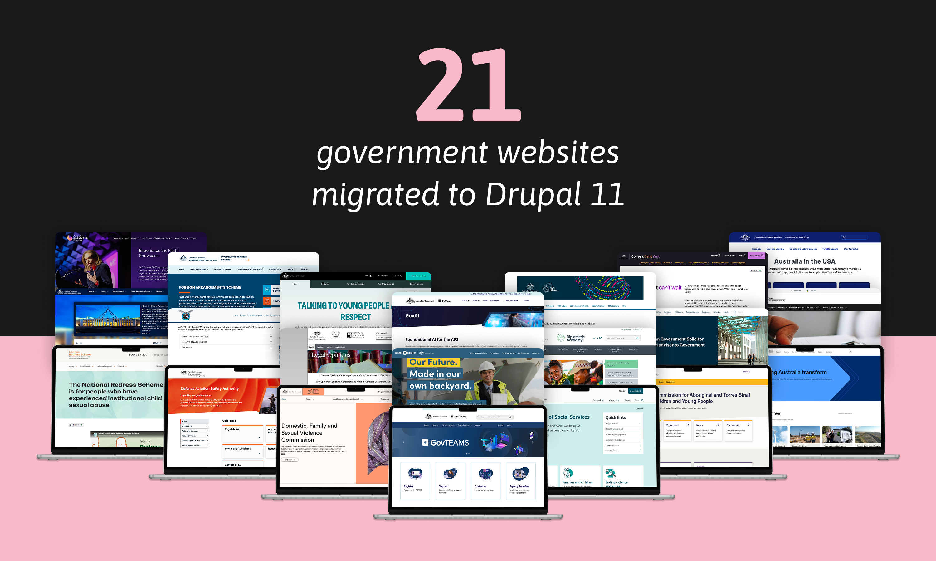 Drupal 11 upgrade process showing module audits and theme updates for GovCMS websites