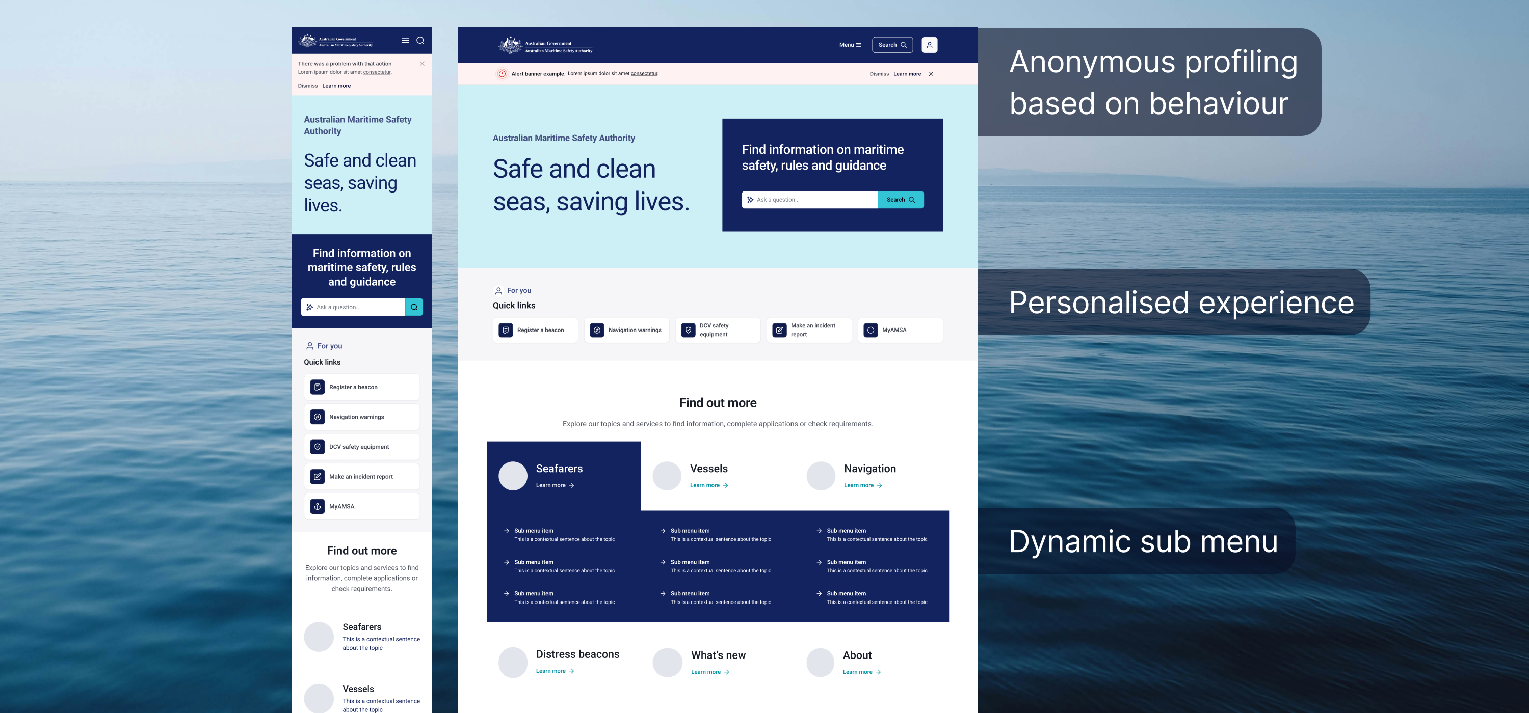 AMSA website concept on desktop and mobile showing anonymous behavioural profiling, a personalised experience and a dynamic sub menu